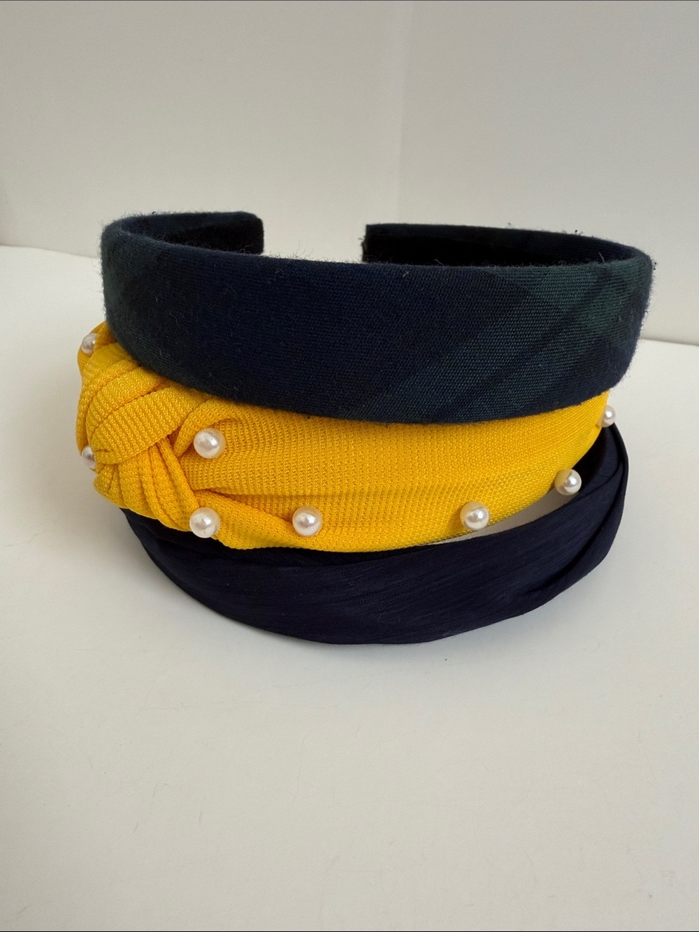 Set of 3 Fall Colors Headbands Yellow Pearl, Tartan Plaid and Navy Silk Twist